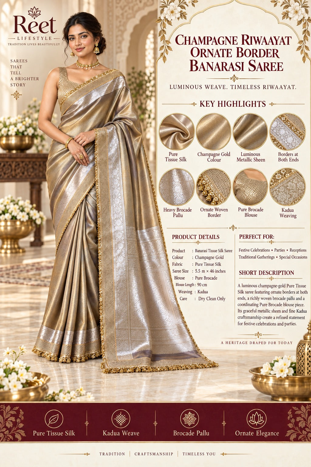 Champagne Riwaayat Ornate Border Banarasi Saree