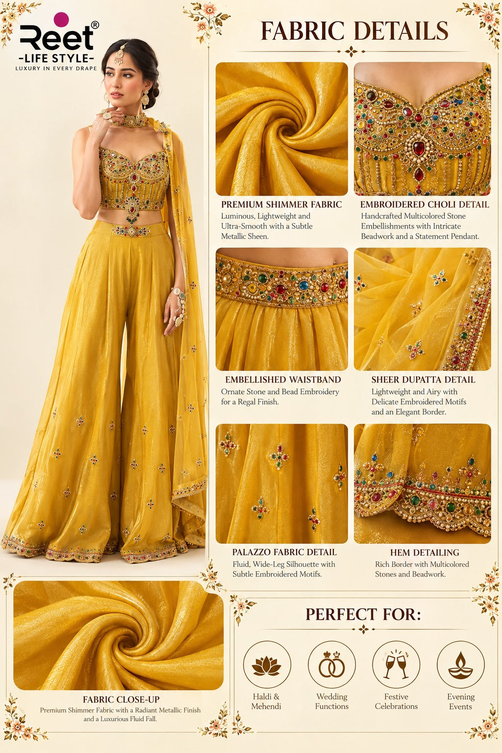 Golden Embroidered Crop-Top & Palazzo Set