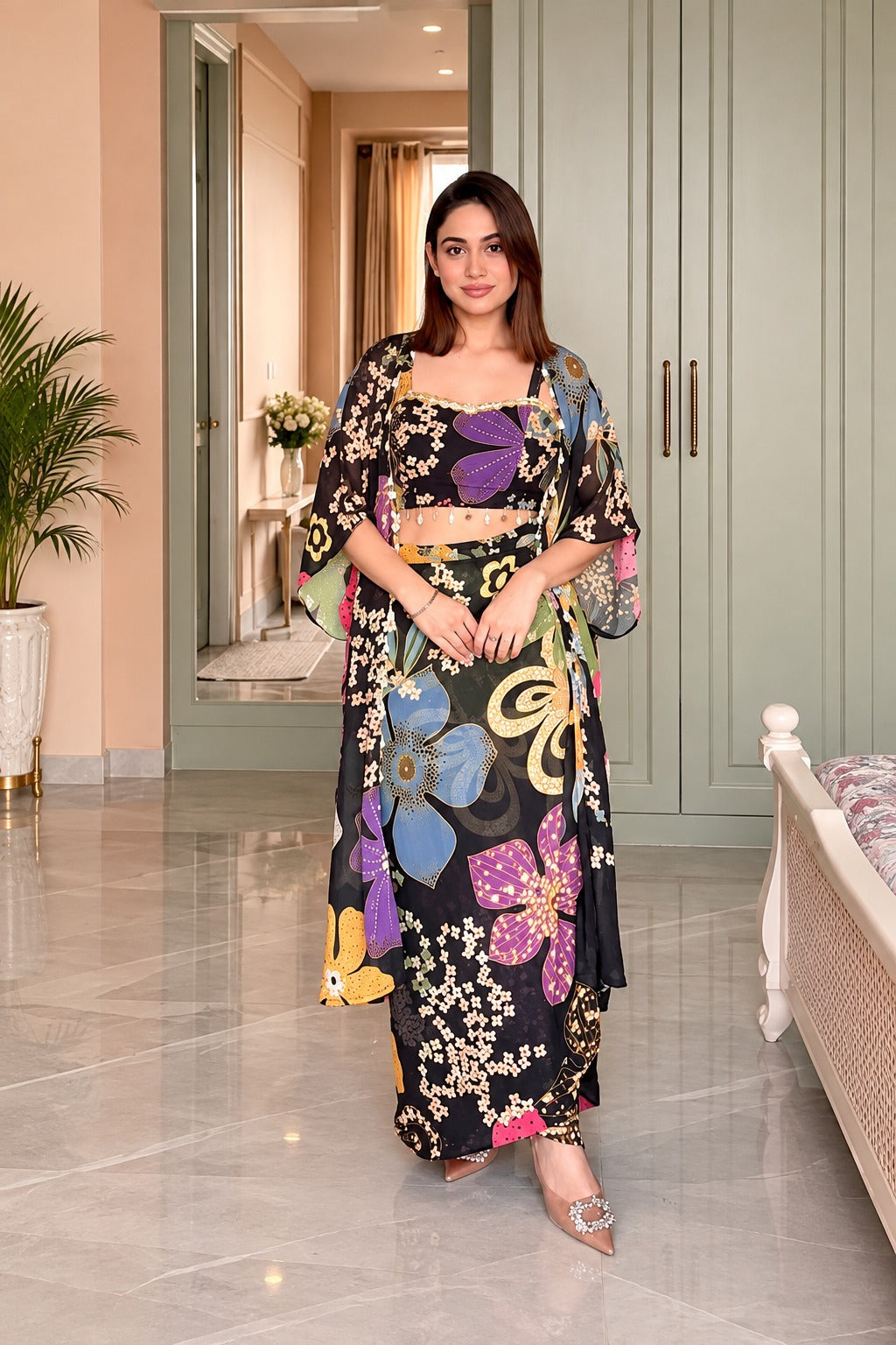 Rangreza Midnight Bloom Draped Skirt with Jacket Set