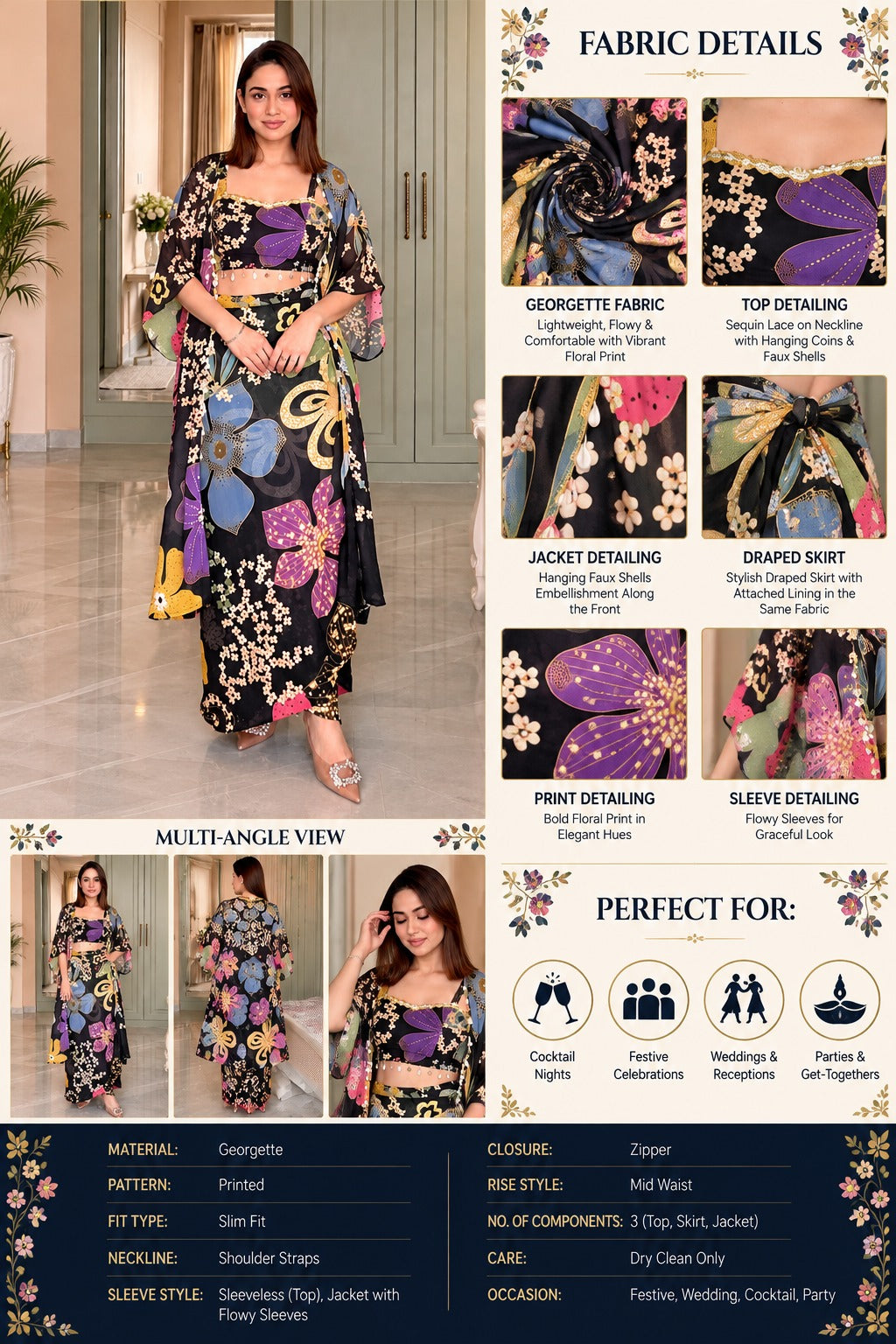 Rangreza Midnight Bloom Draped Skirt with Jacket Set