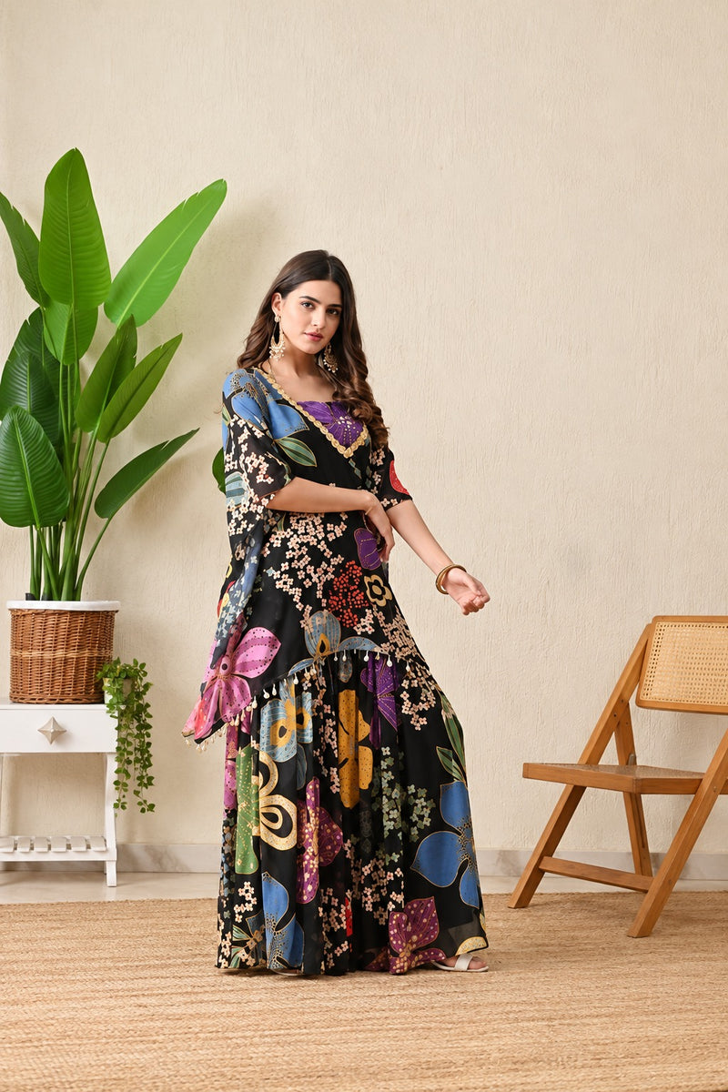 Midnight Bloom Crop Top with Kaftan and Sharara Set