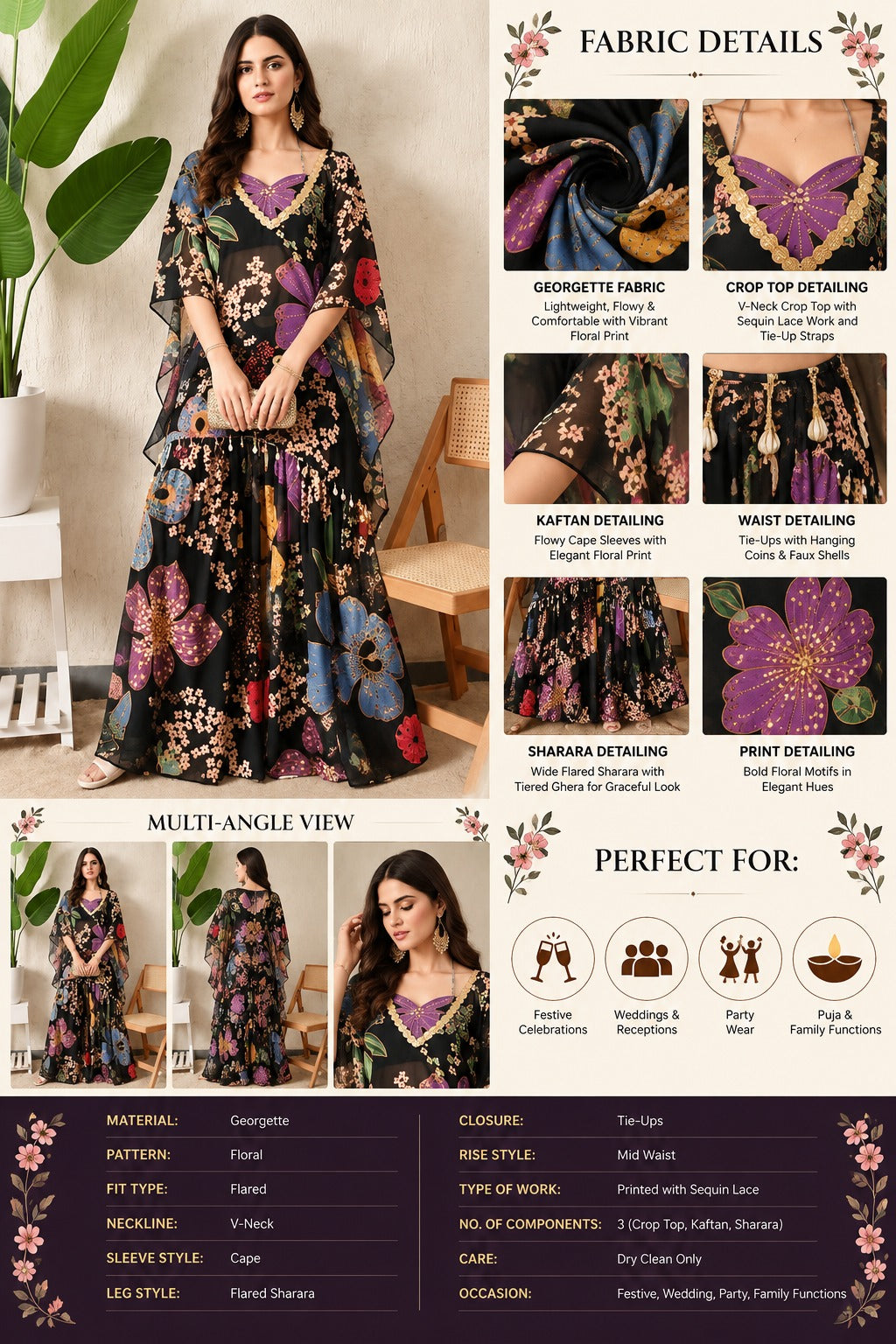 Midnight Bloom Crop Top with Kaftan and Sharara Set