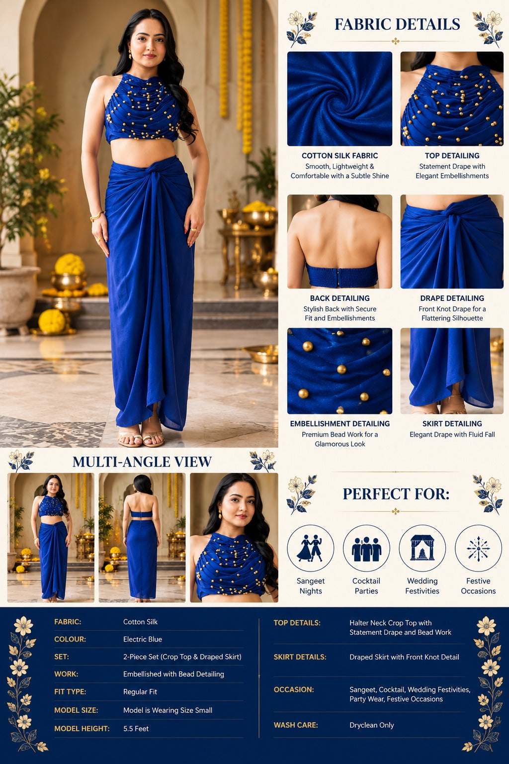 Indigo Muse Backless Draped Set