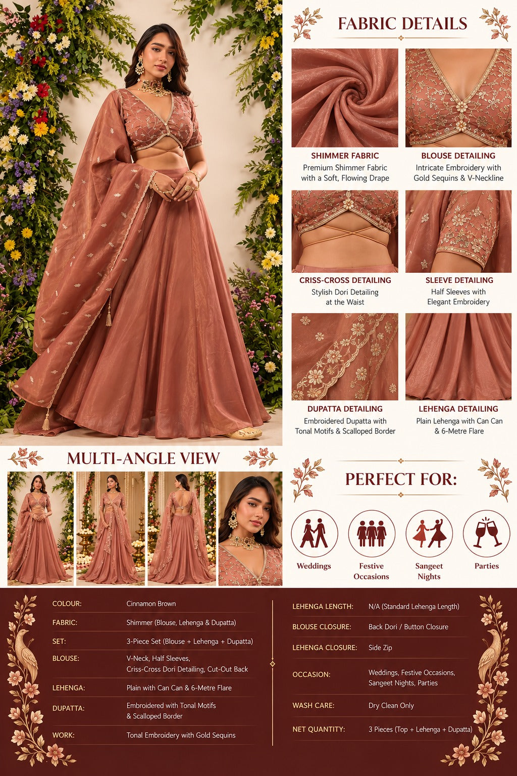 Cinnamon Sheen Embroidered Lehenga Set