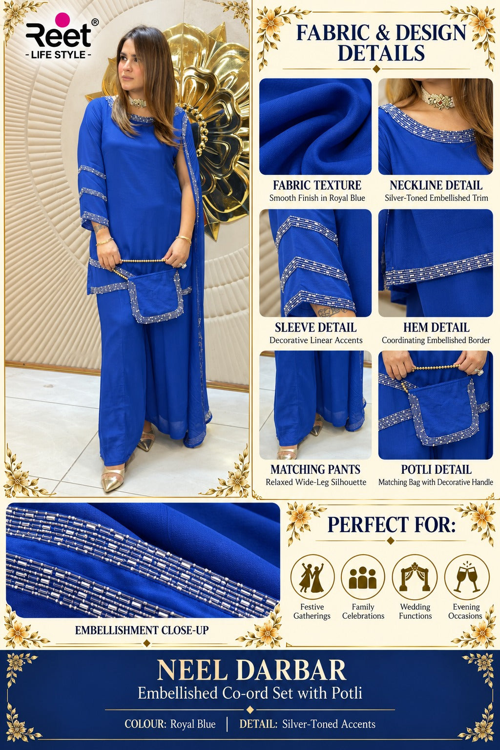 Neel Darbar Embellished Co-ord Set with Potli