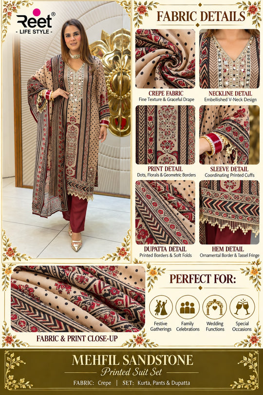 Mehfil Sandstone Printed Suit Set