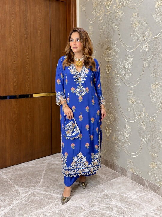 Blue Mehfil Embellished Kaftan with Potli
