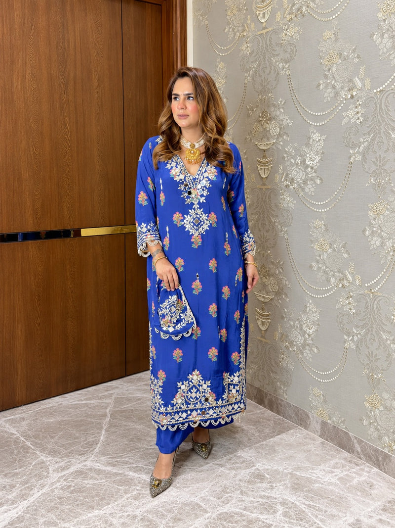 Blue Mehfil Embellished Kaftan with Potli