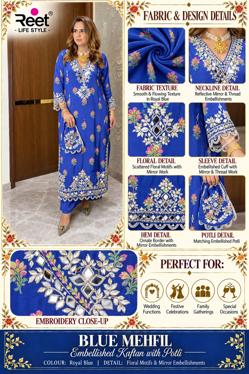 Blue Mehfil Embellished Kaftan with Potli