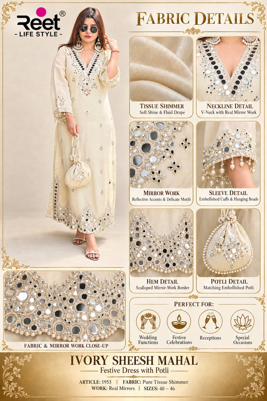 Ivory Sheesh Mahal Festive Dress with Potli
