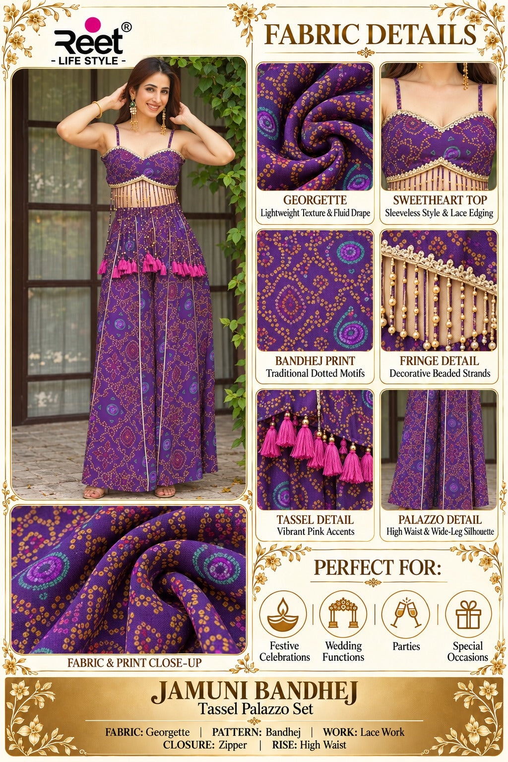 Jamuni Bandhej Tassel Palazzo Set
