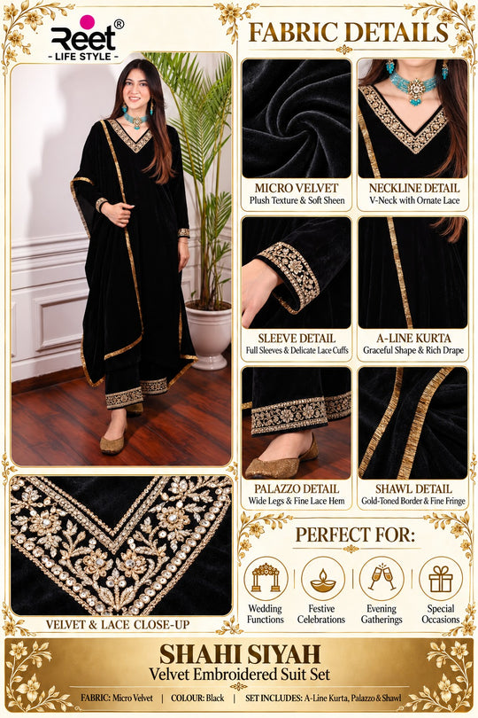 Shahi Siyah Velvet Embroidered Suit Set
