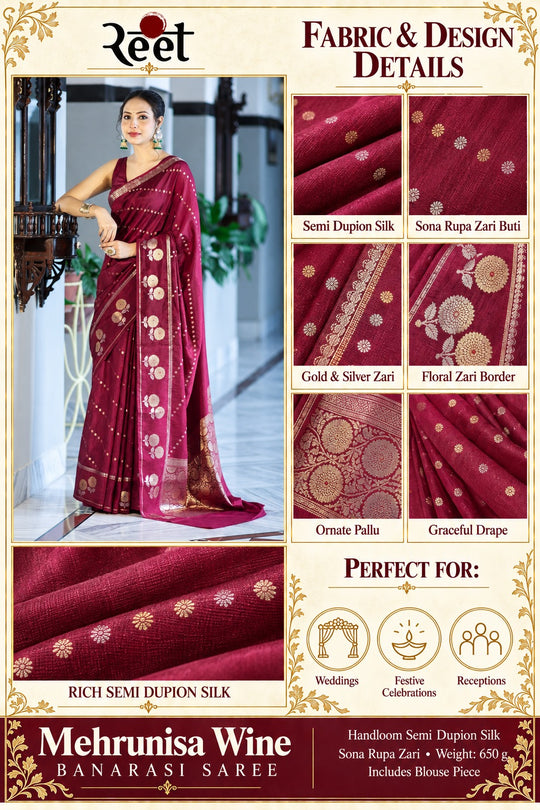 Mehrunisa Wine Banarasi Saree