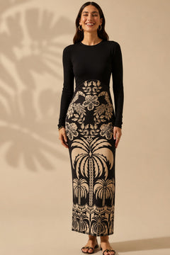 Black Full Sleeve Printed Bodycon Midi Dress