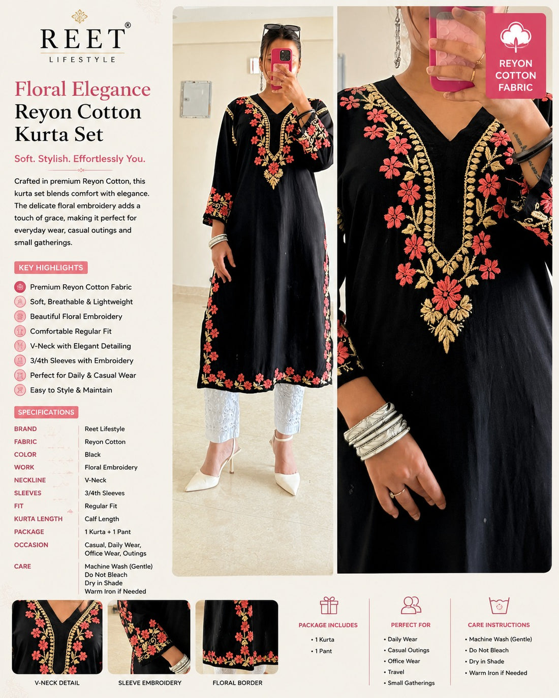 Noir Bloom Multi Thread Chikankari Kurti
