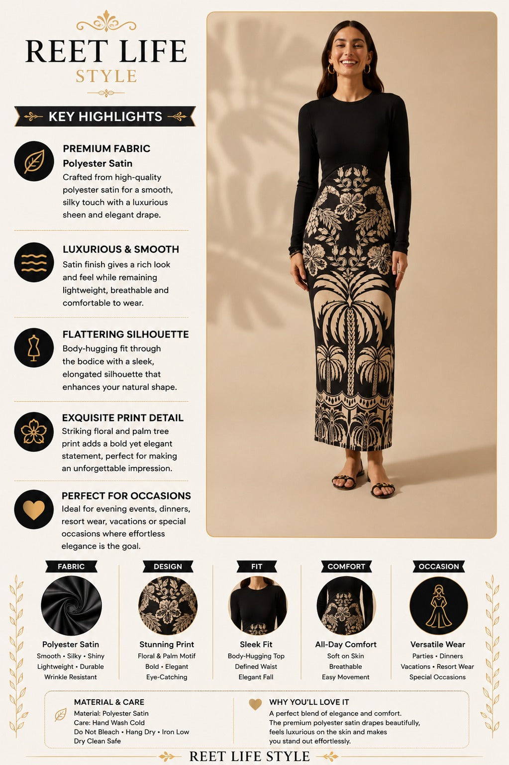 Black Full Sleeve Printed Bodycon Midi Dress