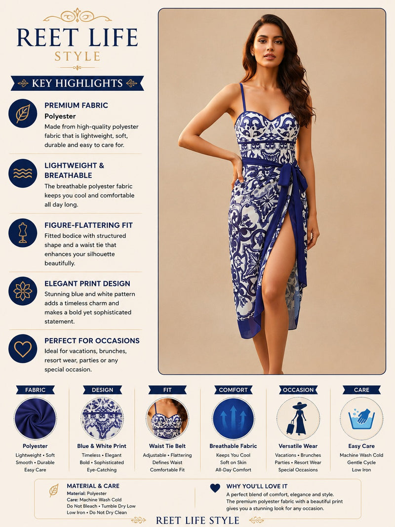 Azure Mosaic Tie-Waist Wrap Midi Dress for Women