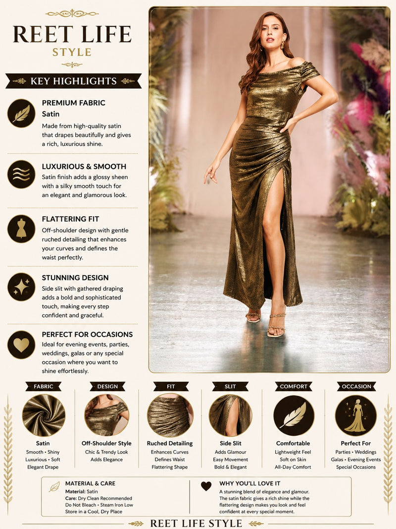 Golden Eclipse Metallic Off-Shoulder High Slit Evening Gown for Women