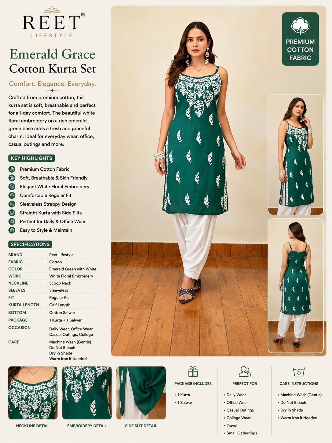 Emerald Noor Chikankari Green Kurti
