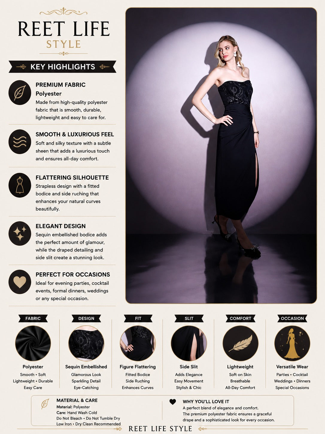 Midnight Noir Embellished Strapless Midi Dress for Women