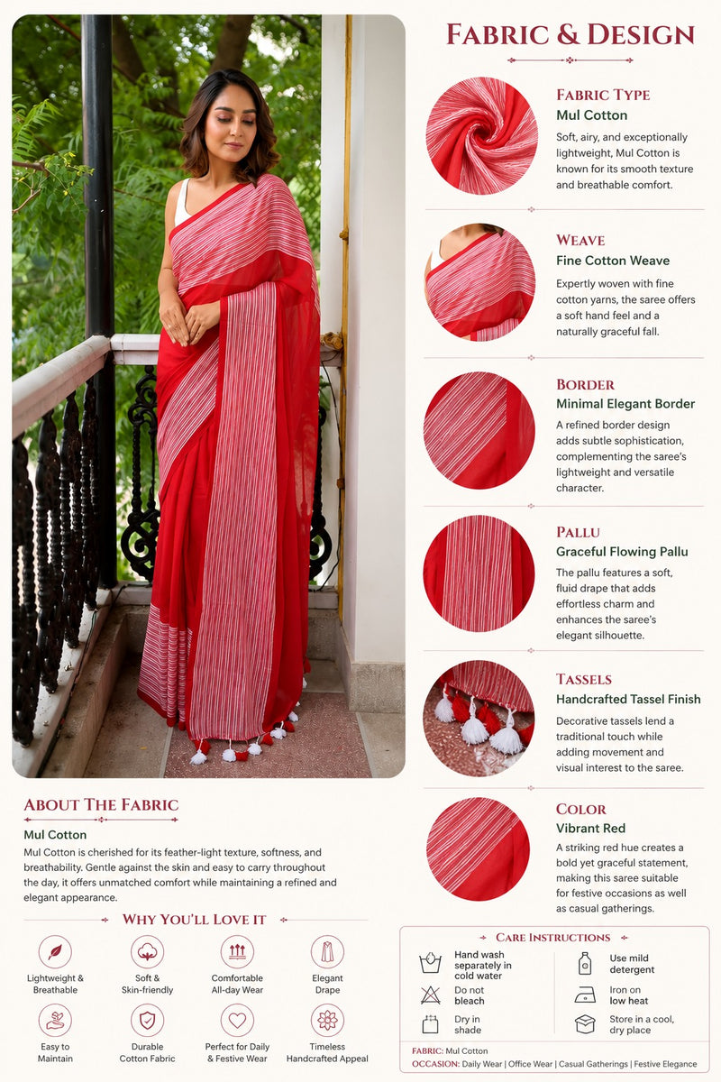Irkal Crimson Red Mul Cotton Saree