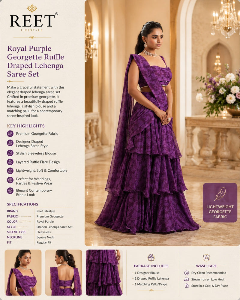 Floral Printed Ruffle Pre-Draped Saree