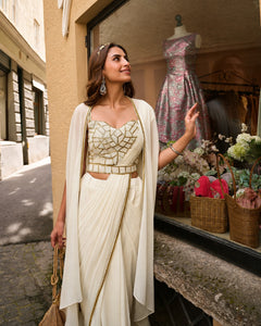 Designer Cape Saree with Embroidered Blouse & Gold Border