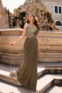Designer Cape Saree with Embroidered Blouse & Gold Border