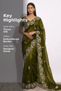 Olive Grace Embroidered Tissue Saree with Designer Blouse
