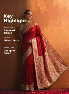 Ruby Royale Banarasi Tissue Mirror Work Border Saree with Blouse