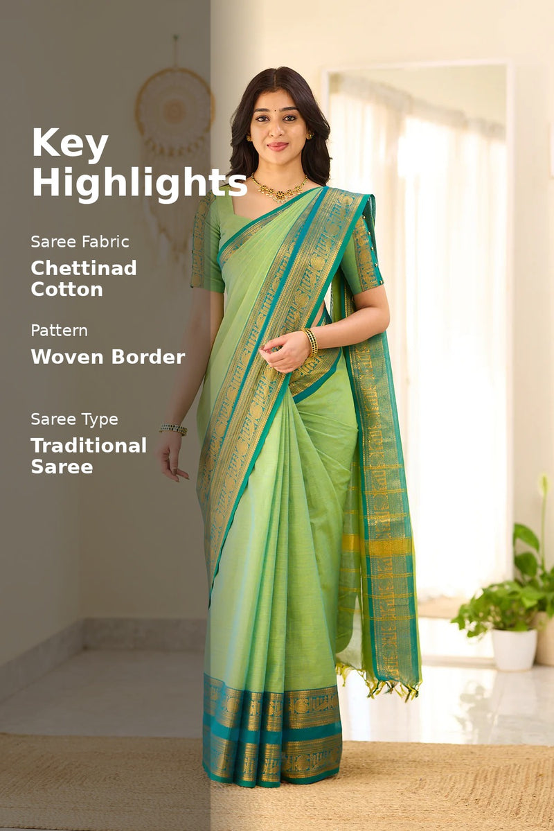 Mint Aura Chettinad Cotton Saree with Zari Border