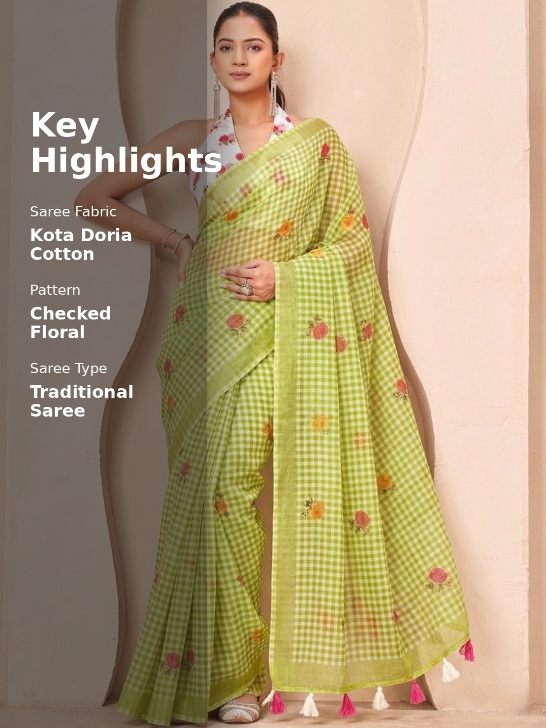 Silk  Floral Checked Woven Design Border Saree