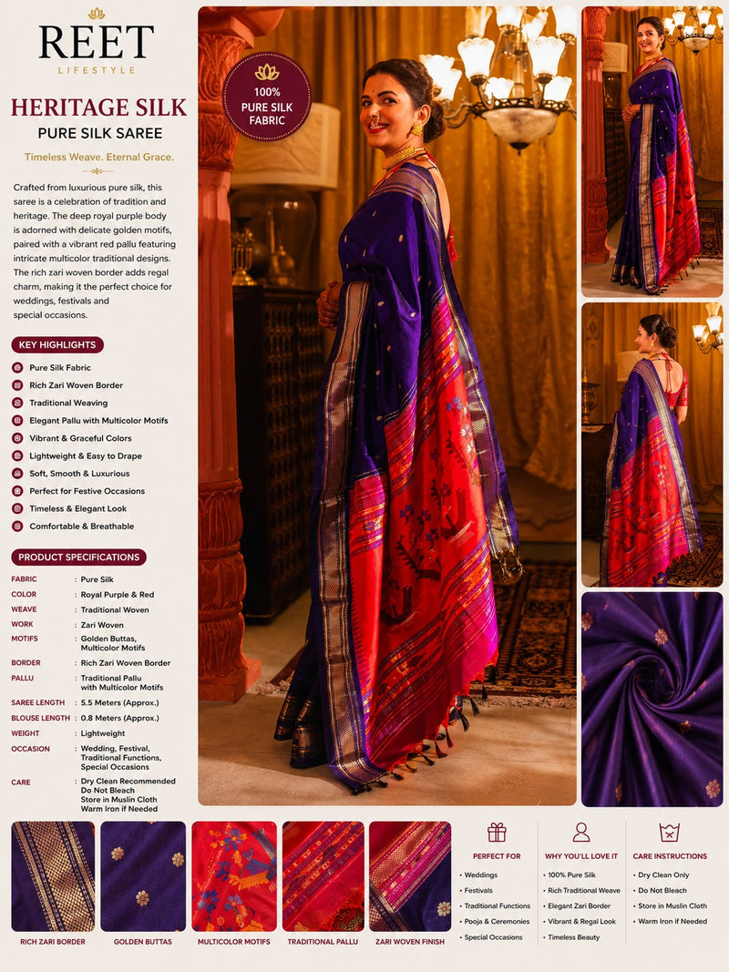 Paithani Weave with Peach and Gold Border with Double Pallu