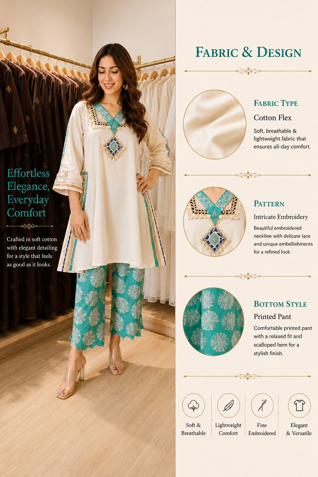 Ivory Cotton Flex Short Kurta with Green Printed Pant Set