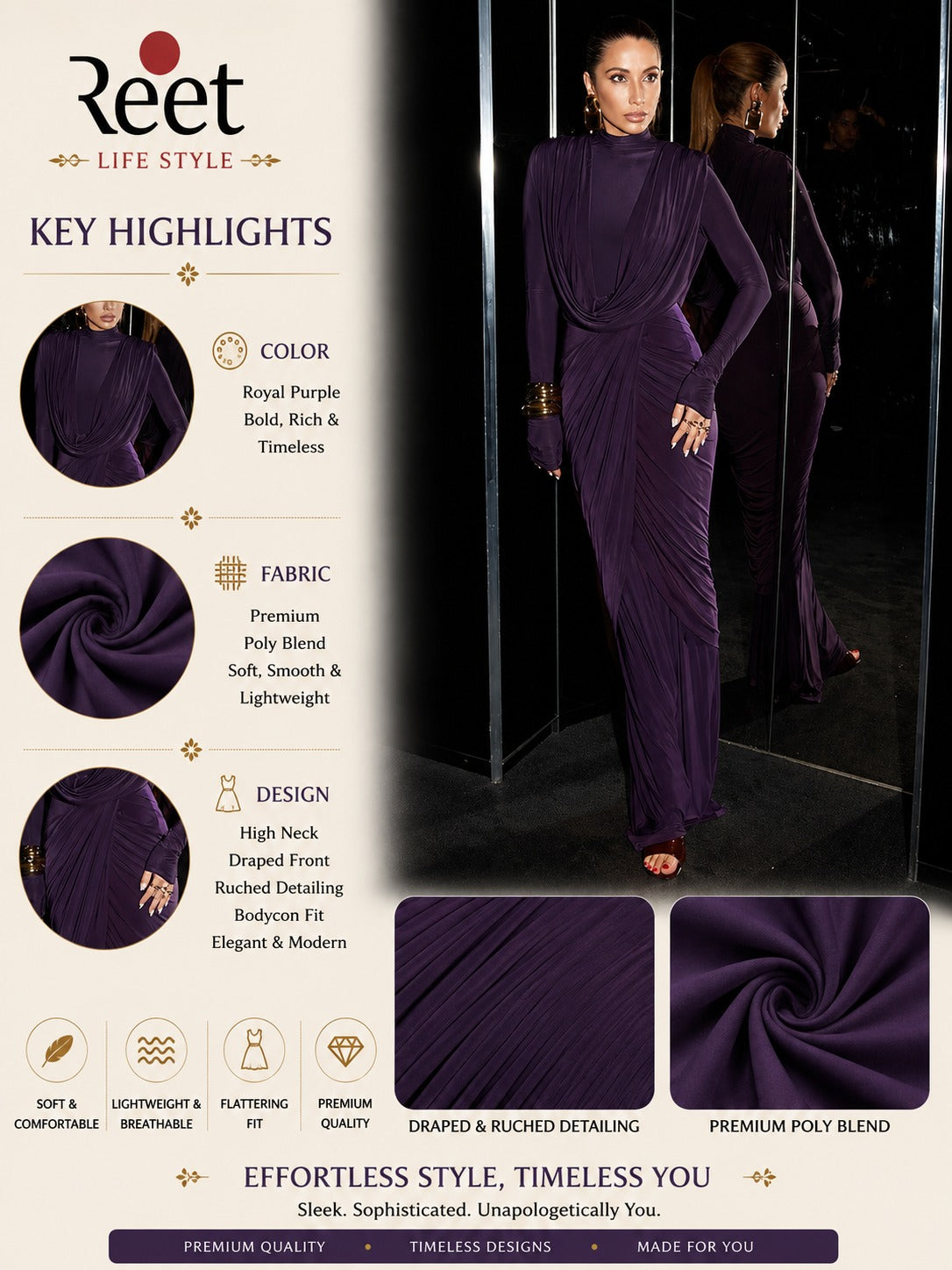 Royal Plum Draped Evening Gown for Women