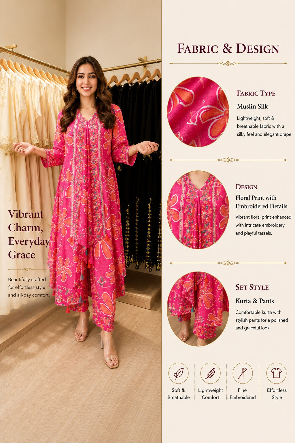 Fuchsia Pink Muslin Silk Floral Butterfly Kurta Pant Co-ord Set