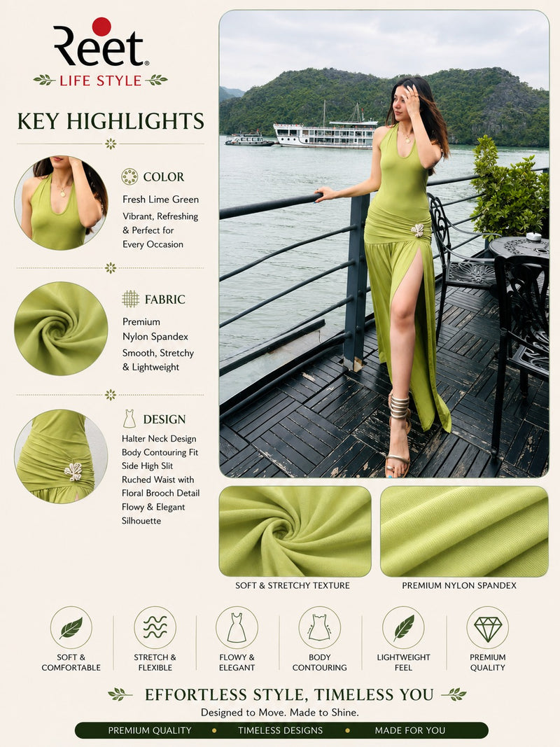 Lime Luxe Ruched Slit Maxi Dress for Women