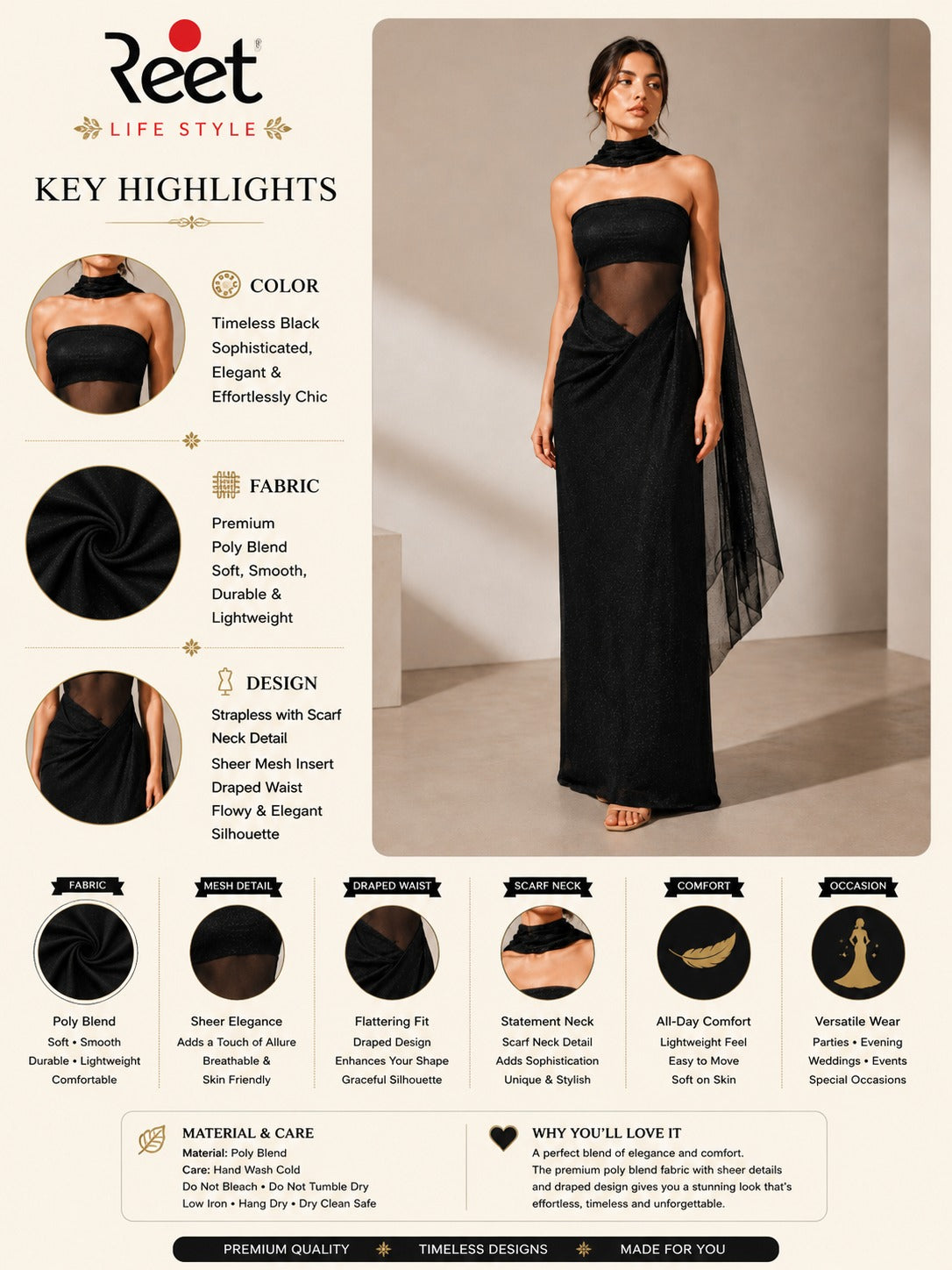 Midnight Veil Black Draped Scarf Maxi Dress for Women