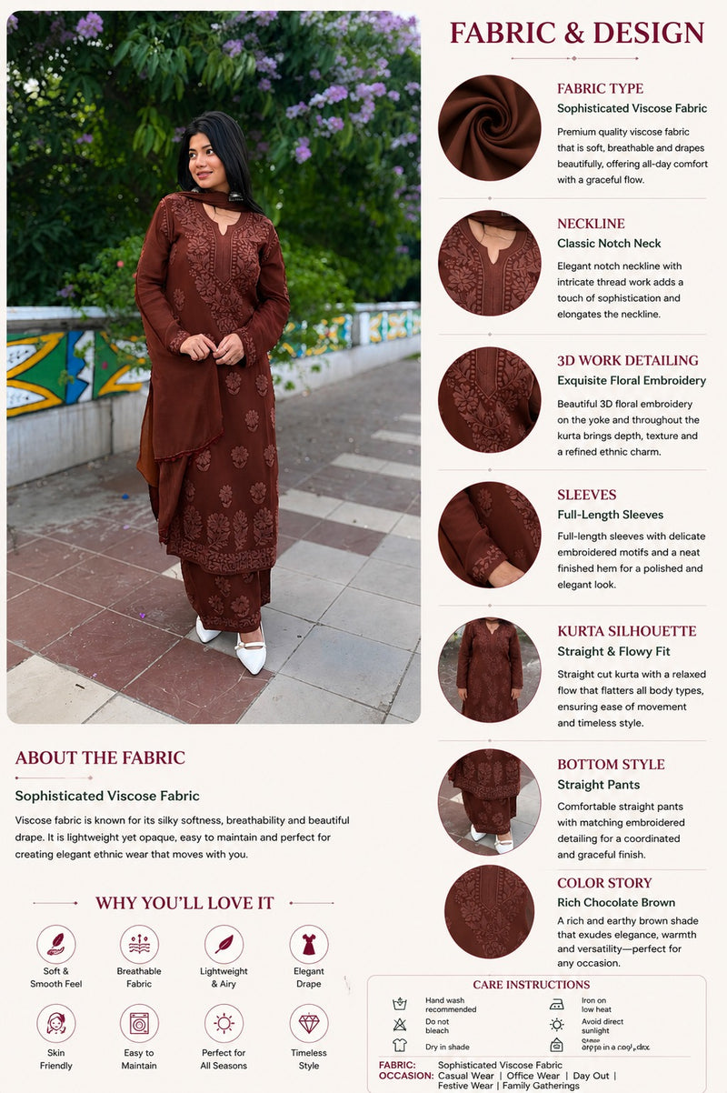 Mocha Blossom Viscose Georgette Straight Chikankari  Kurta Set