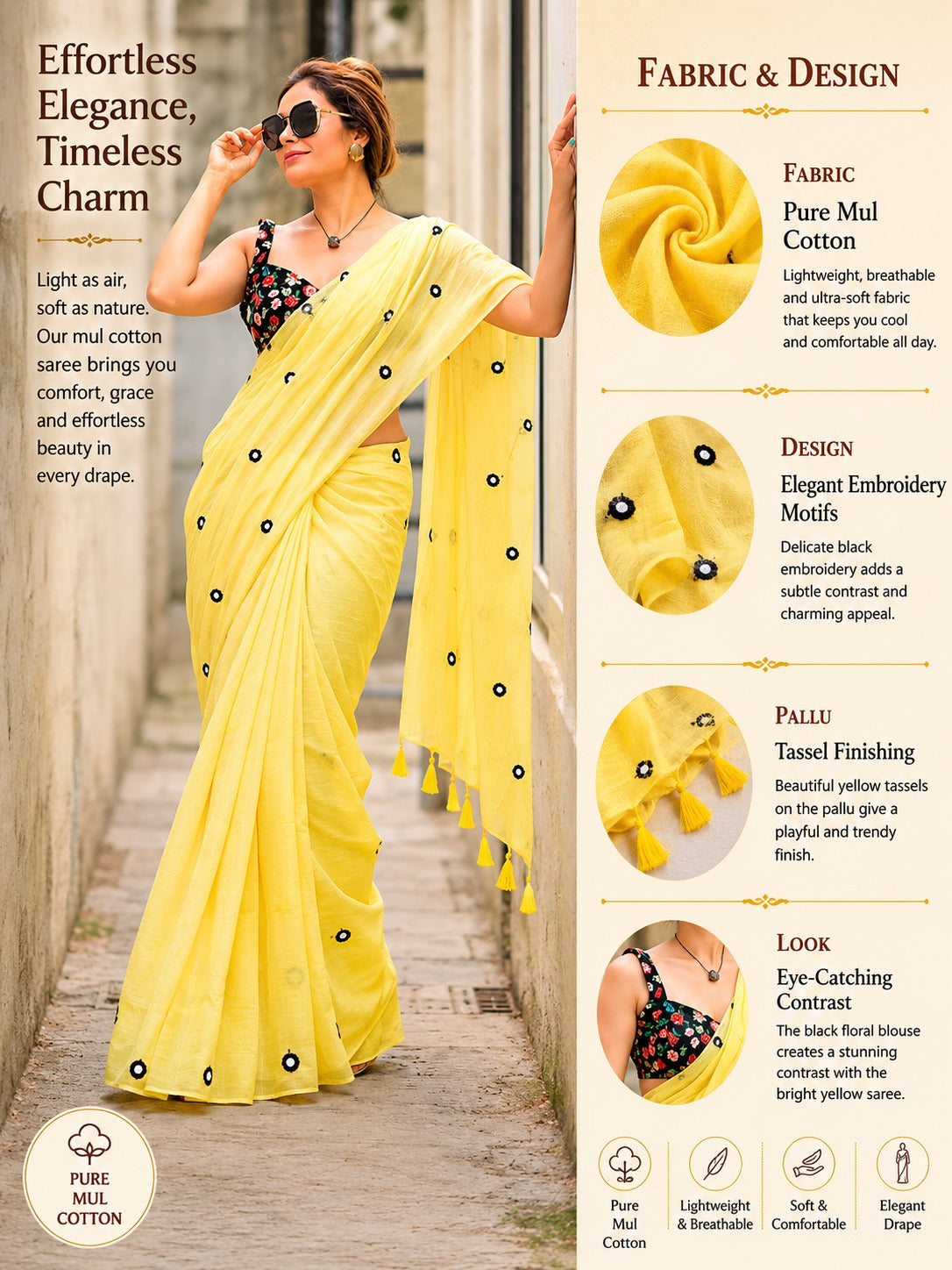 Lemon Glow Tassel Soft Mul Cotton Saree