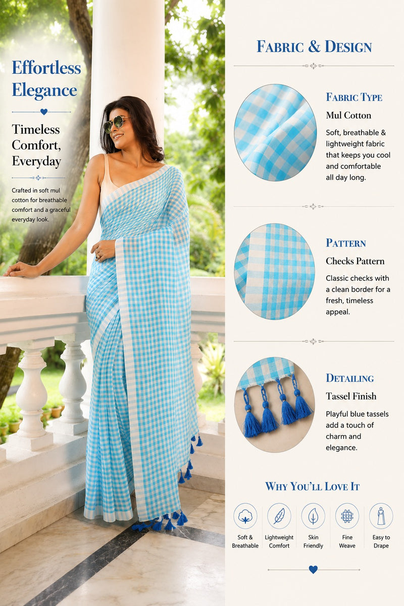 Sky Blue Gingham Mul Cotton Checks Saree