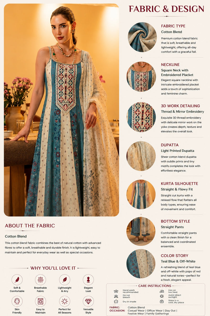 Blue Thread Embellished Cotton Blend Anarkali Set