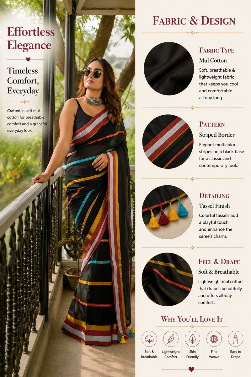 Black Heritage Stripe Mul Cotton Saree