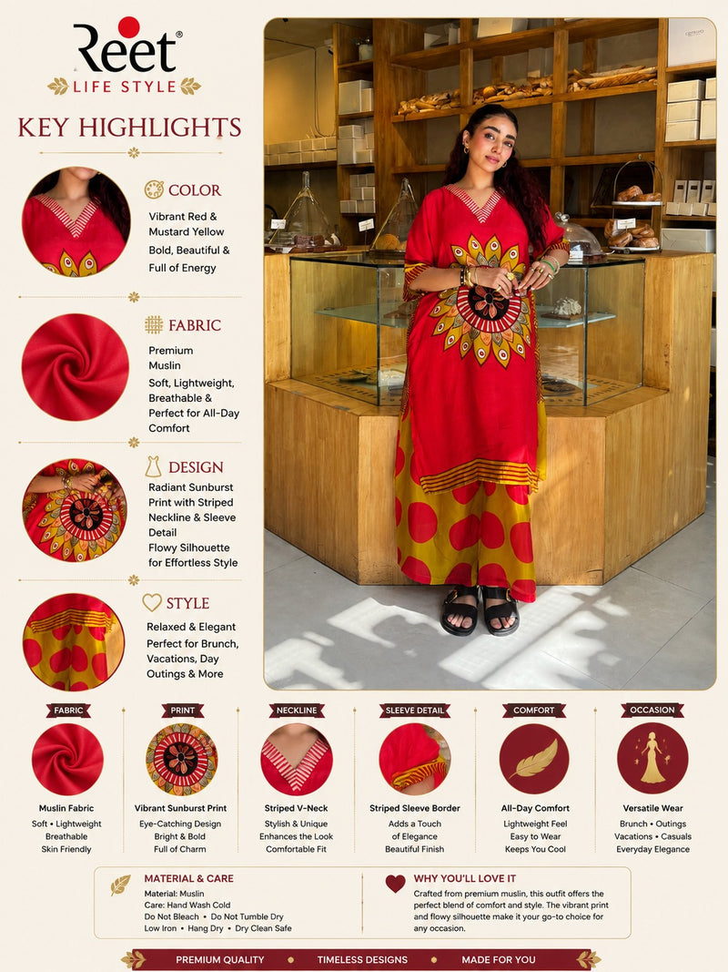 Crimson Mandala Printed Kaftan Set for Women