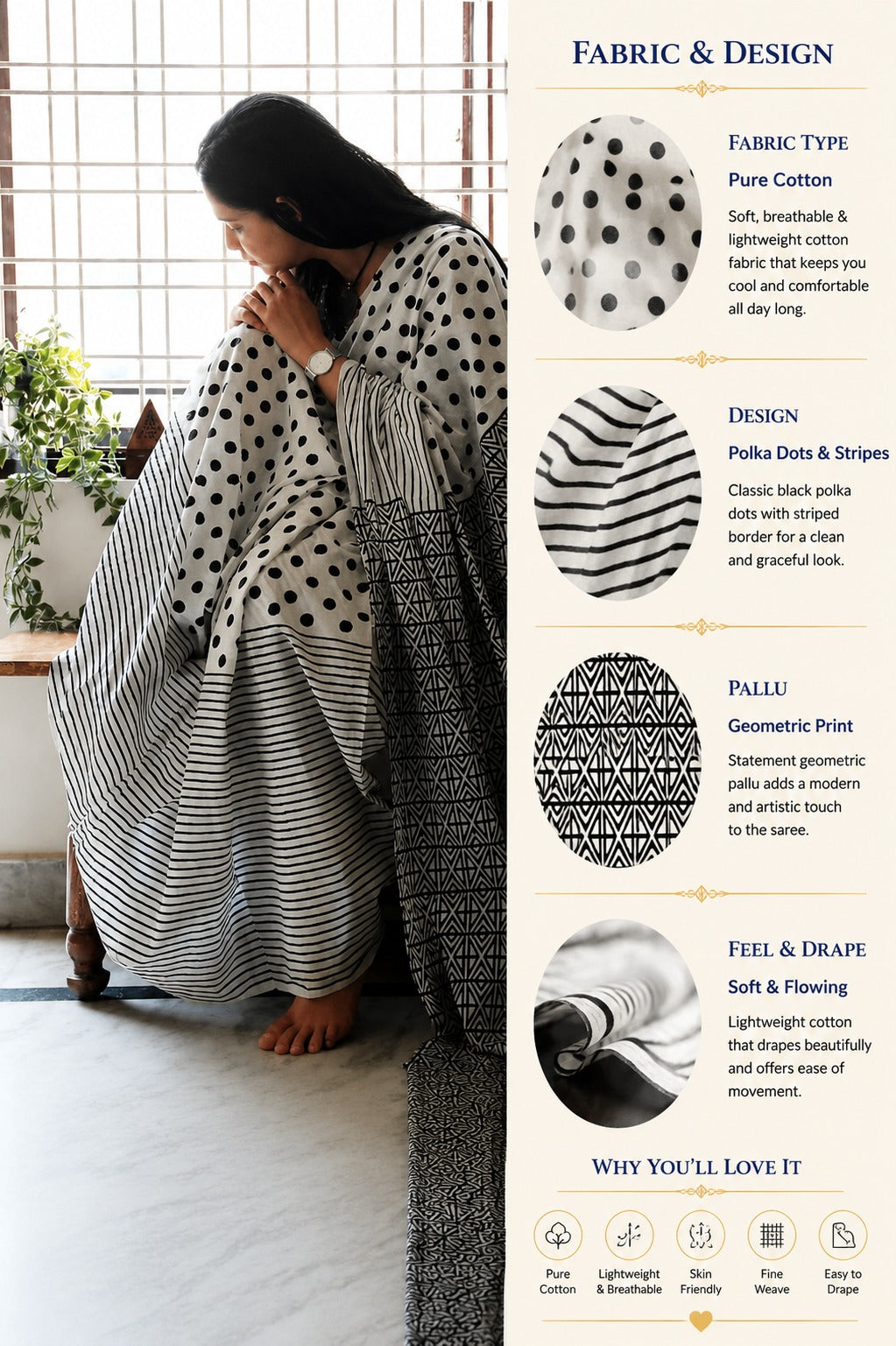 Monochrome Muse Printed Cotton Saree