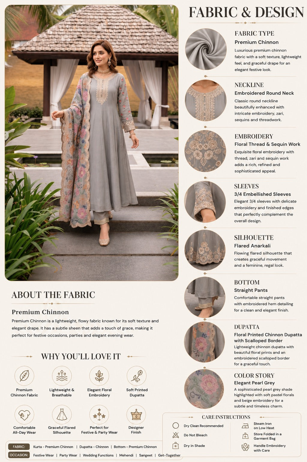 Grey Embroidered Anarkali Suit Set with Floral Dupatta