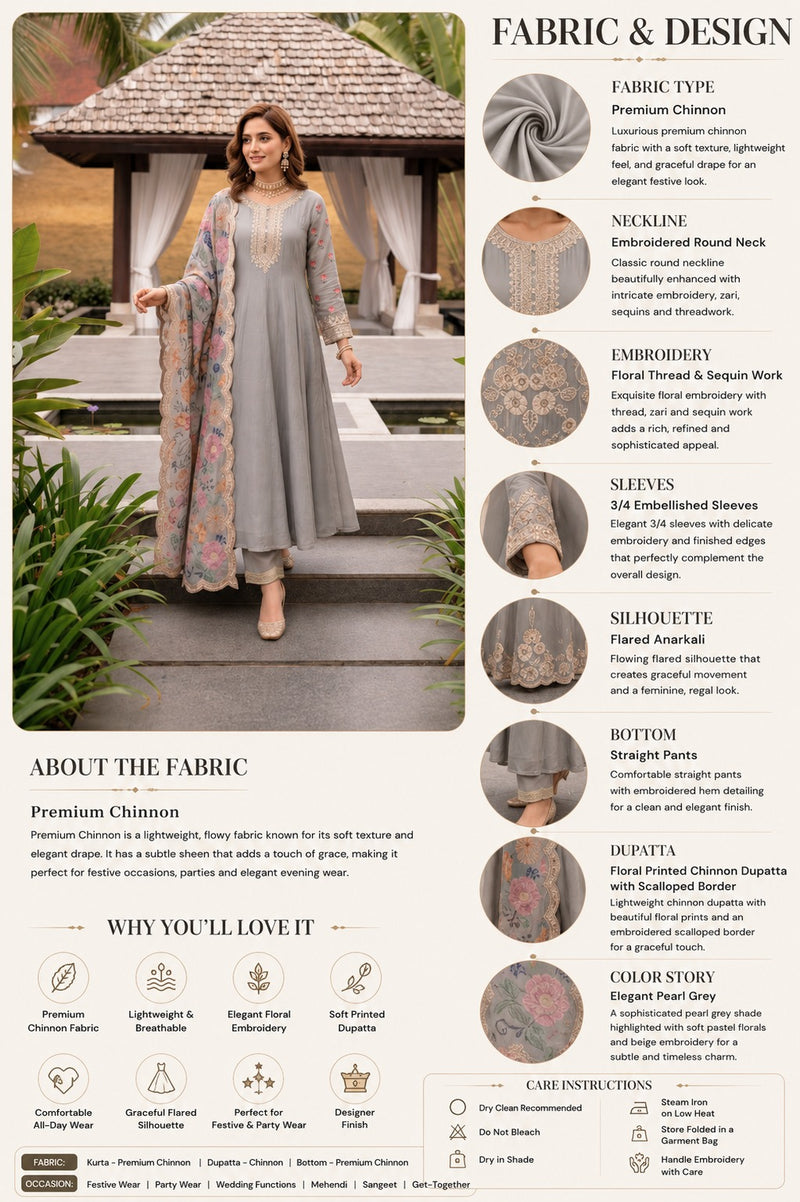 Grey Embroidered Anarkali Suit Set with Floral Dupatta