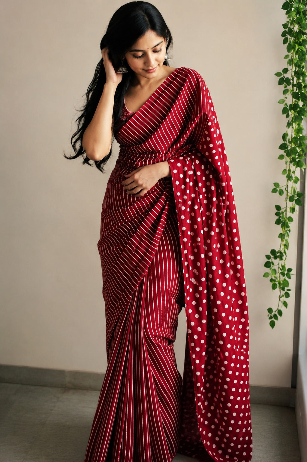 Crimson Dot & Stripe Cotton Saree