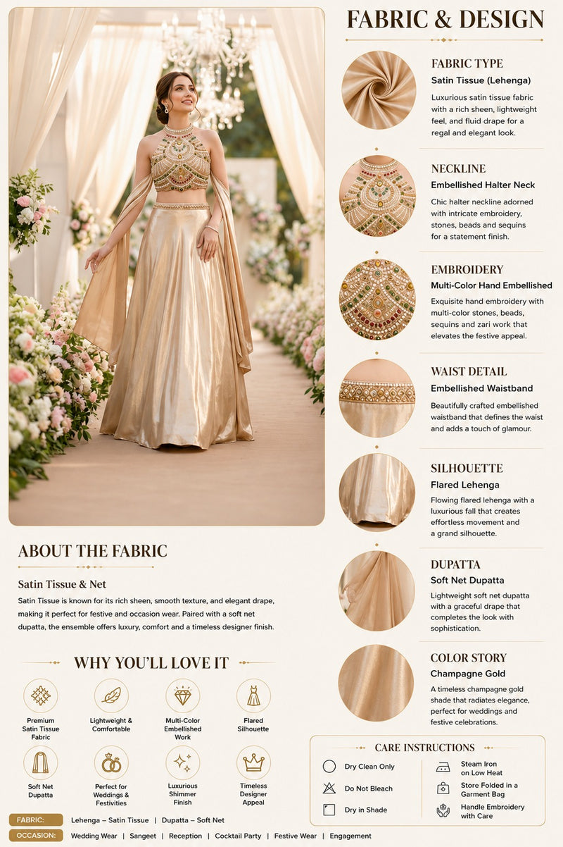 Champagne Beige Embellished Halter Lehenga Set with Cape Dupatta
