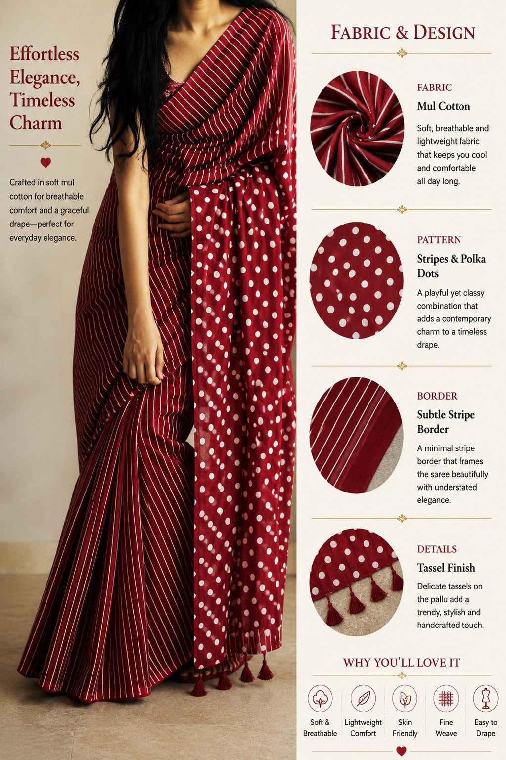 Crimson Dot & Stripe Cotton Saree